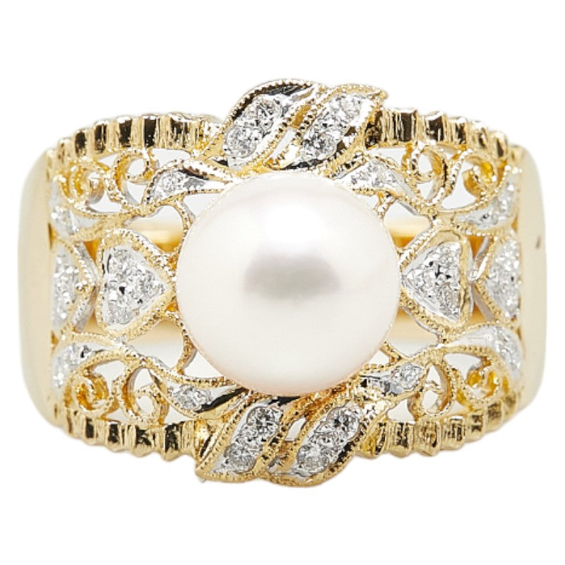 K18YG Yellow Gold Akoya Pearl 8.2mm Diamond 0.18ct Ring