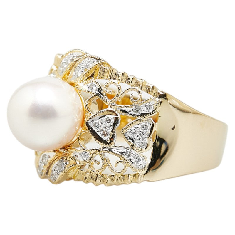 K18YG Yellow Gold Akoya Pearl 8.2mm Diamond 0.18ct Ring in Excellent Condition