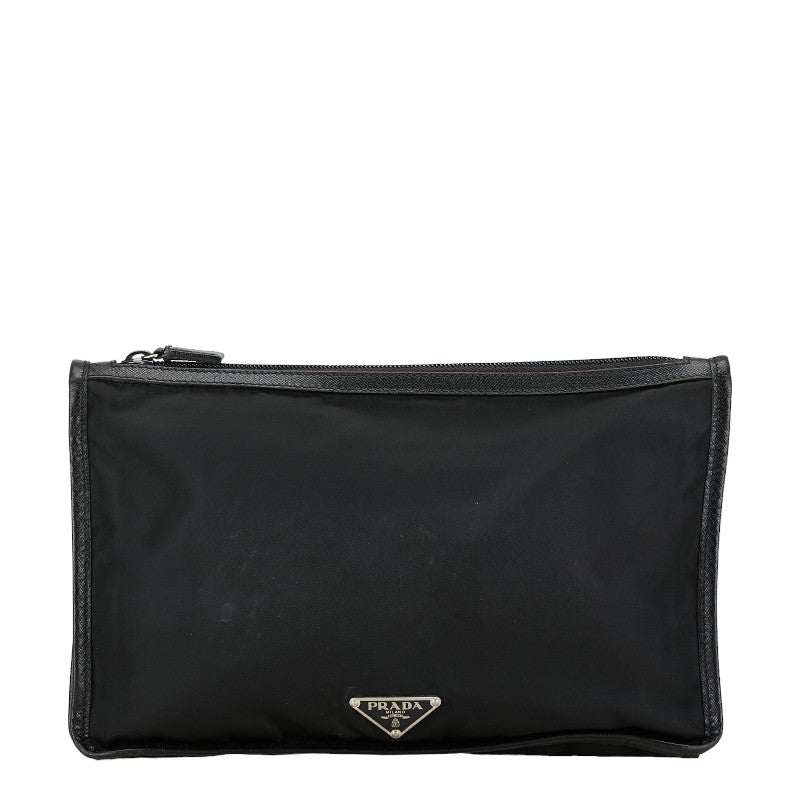 Prada Nylon Leather Triangle Logo Clutch Bag in Very Good Condition