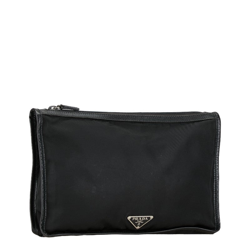 Prada Nylon Leather Triangle Logo Clutch Bag