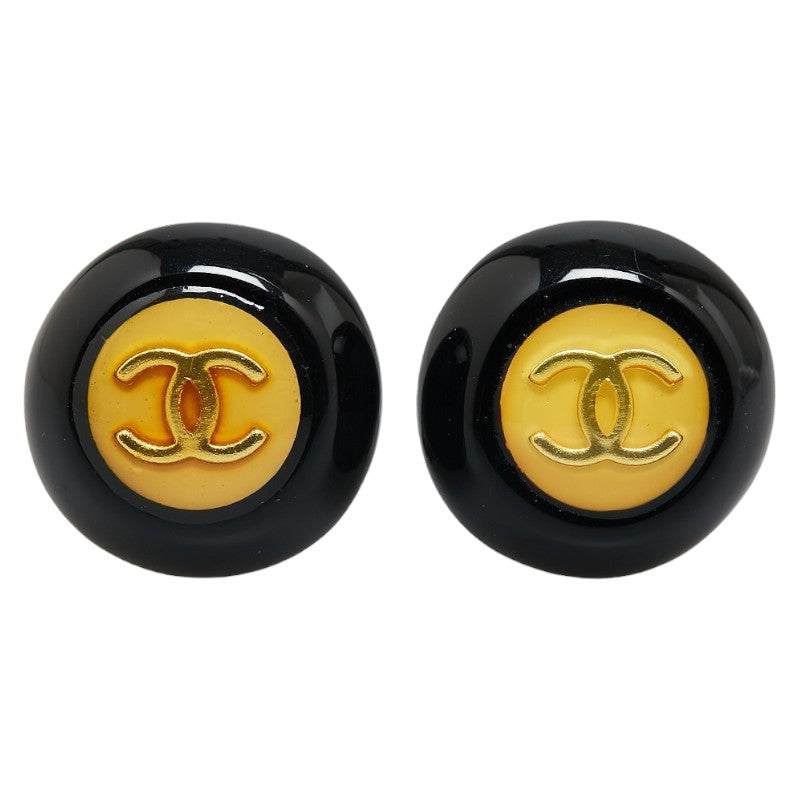 Chanel Vintage Coco Mark Button Motif Earrings Gold Black Plastic in Very Good Condition