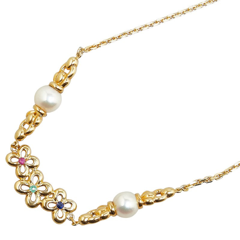 K18YG Yellow Gold Akoya Pearl 7mm Emerald Ruby Sapphire Flower Necklace