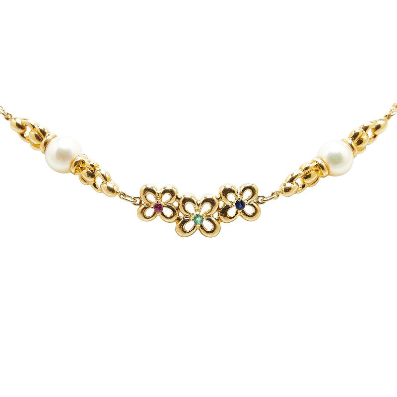 K18YG Yellow Gold Akoya Pearl 7mm Emerald Ruby Sapphire Flower Necklace in Great Condition