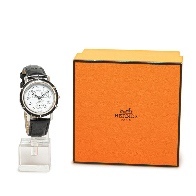 Hermes Clipper Chrono Watch Stainless Steel Leather