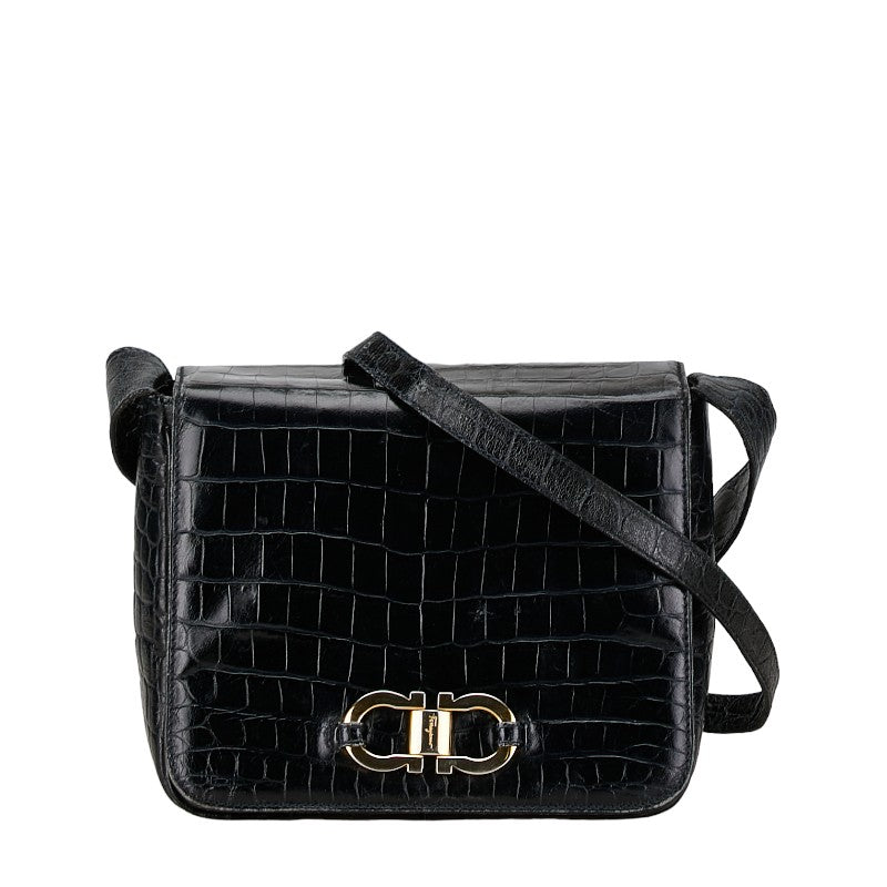 Salvatore Ferragamo Gancini Croc Embossed Leather Shoulder Bag