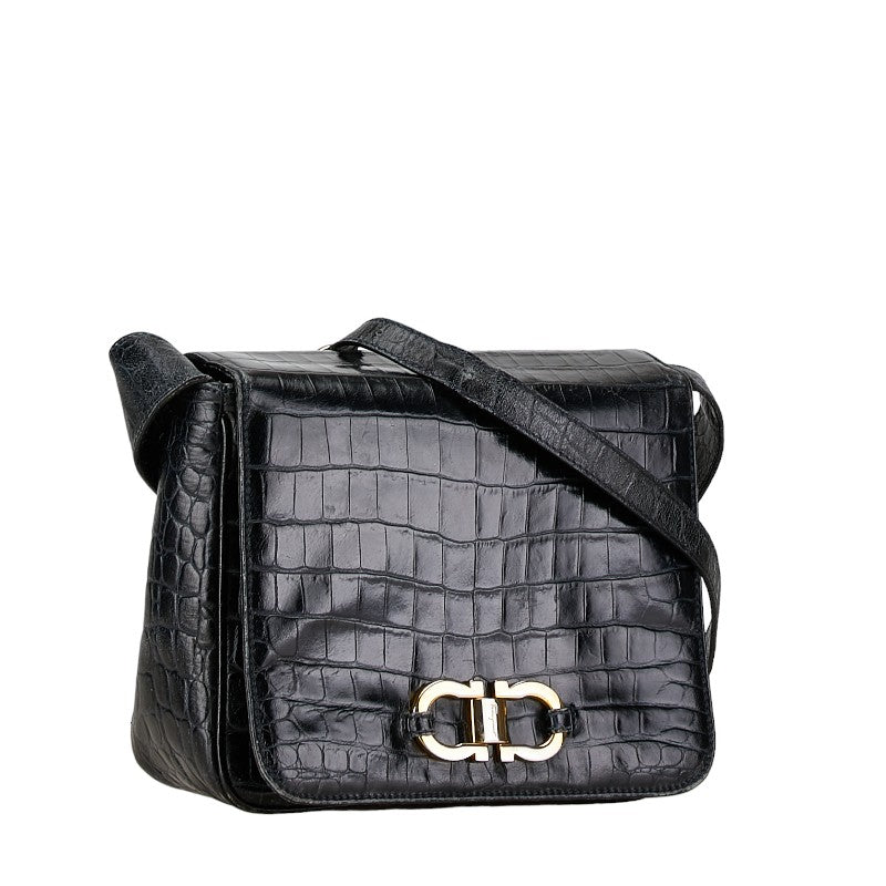 Salvatore Ferragamo Gancini Croc Embossed Leather Shoulder Bag AQ21-6242