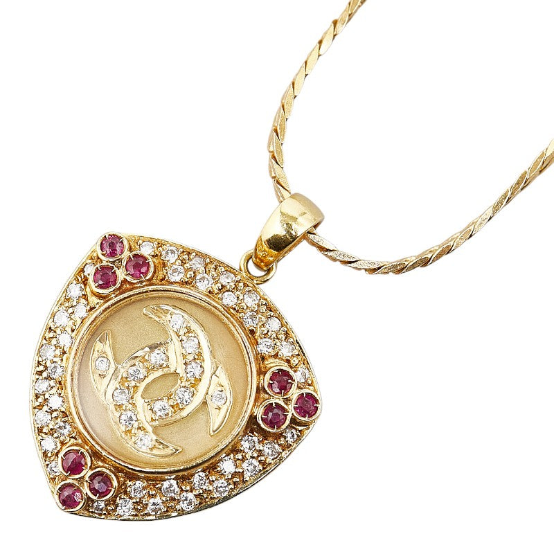 K18YG Yellow Gold Diamond Ruby Swing Pendant Necklace in Great Condition