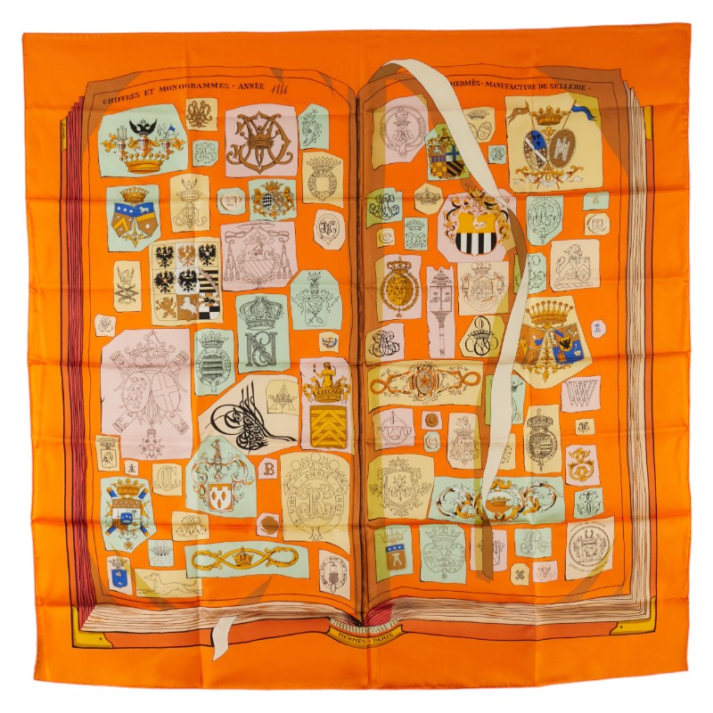 Hermes Silk Scarf Carre 90 CHIFFRES ET MONOGRAMMES-ANNEE 1886 in Great Condition