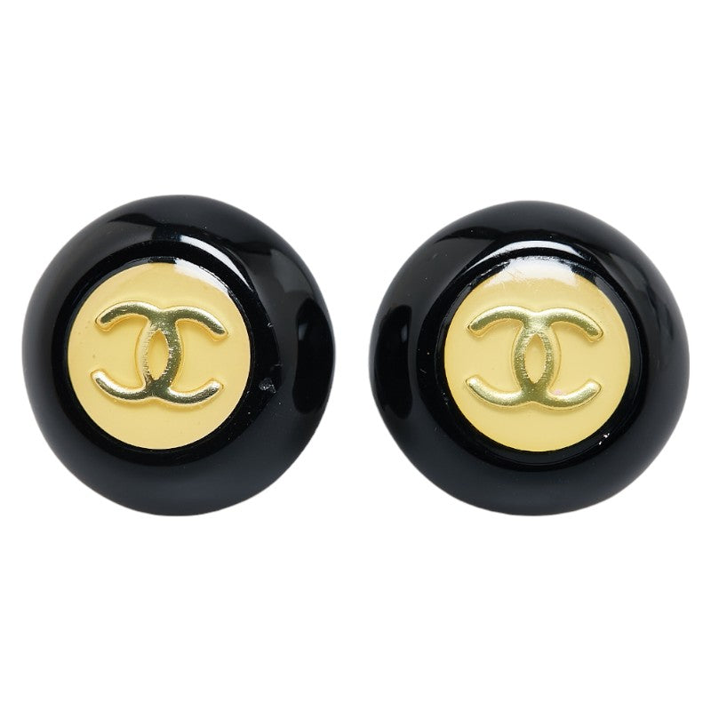 Chanel Coco Mark Round Earrings Black Gold Plastic