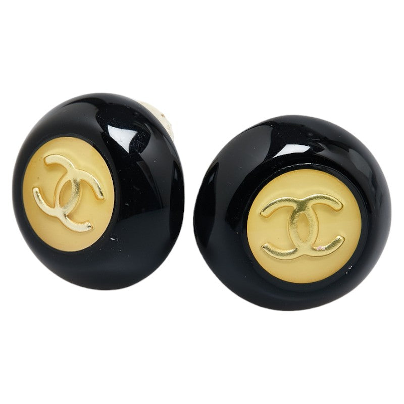 Chanel Coco Mark Round Earrings Black Gold Plastic