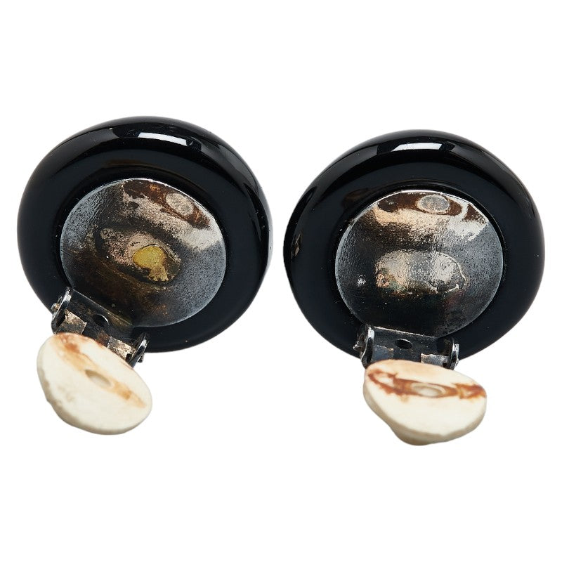 Chanel Coco Mark Round Earrings Black Gold Plastic