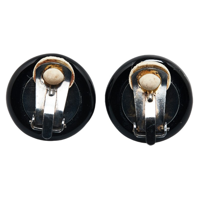 Chanel Coco Mark Round Earrings Black Gold Plastic