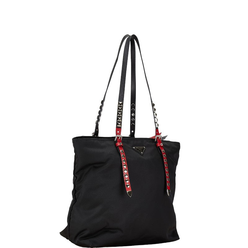 Prada Nylon Leather Logo Studs Tote Bag