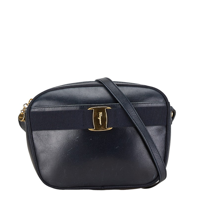 Salvatore Ferragamo Vara Ribbon Leather Shoulder Bag Navy in Very Good Condition