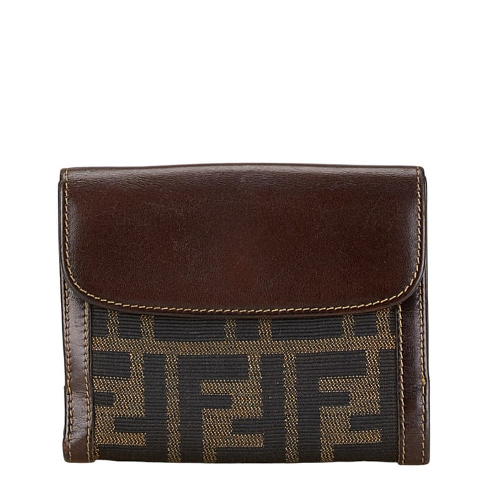 Fendi Zucca Compact Wallet Canvas Leather Brown in Very Good Condition