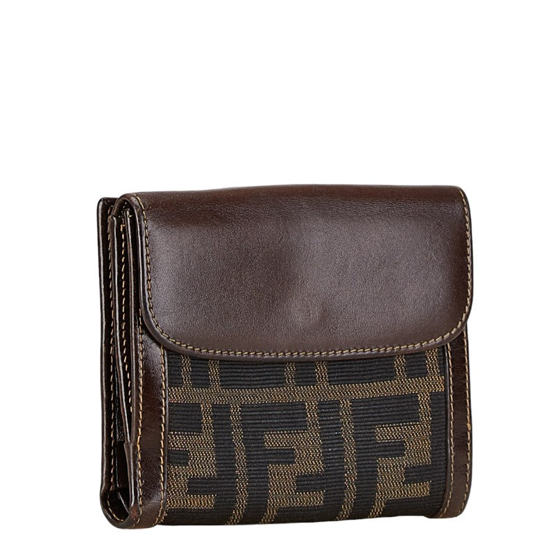 Fendi Zucca Compact Wallet Canvas Leather Brown in Very Good Condition