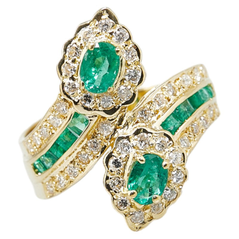 K18YG Yellow Gold Emerald 1.24ct Diamond 0.46ct Teardrop Ring in Great Condition