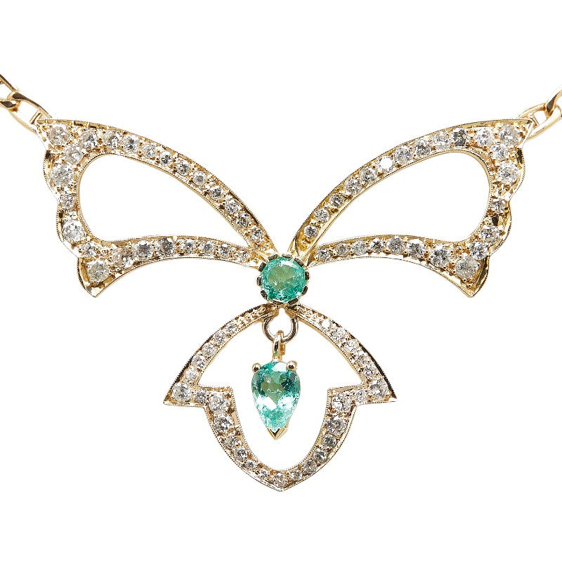 K18YG Yellow Gold Emerald Diamond Necklace in Great Condition