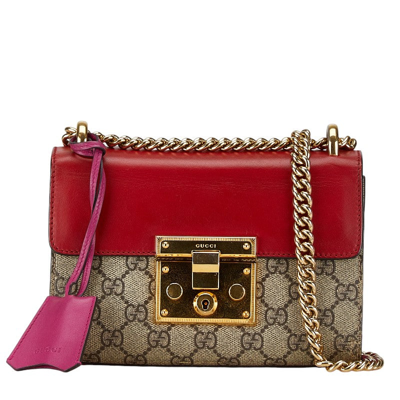 Gucci GG Supreme Chain Shoulder Bag Beige Red PVC Leather