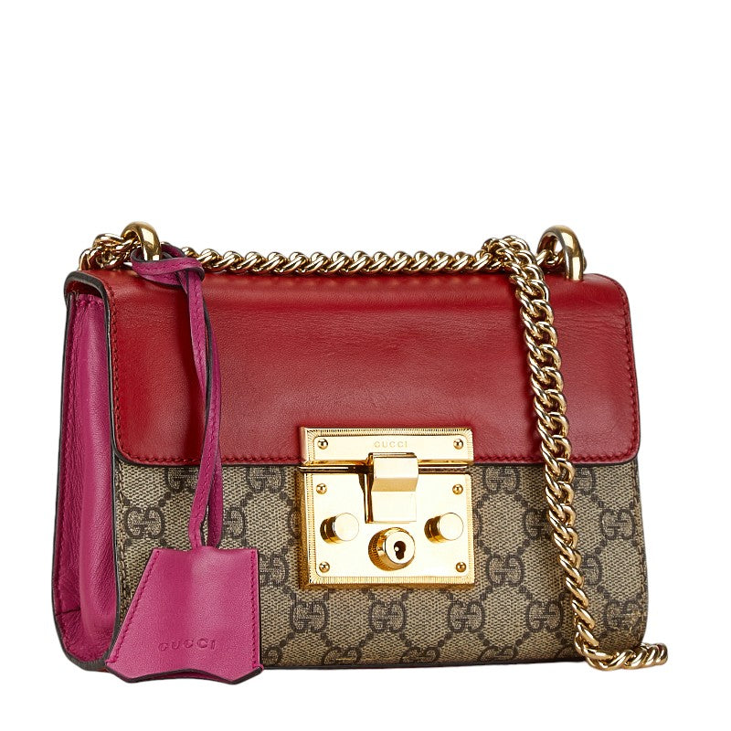 Gucci GG Supreme Chain Shoulder Bag Beige Red PVC Leather