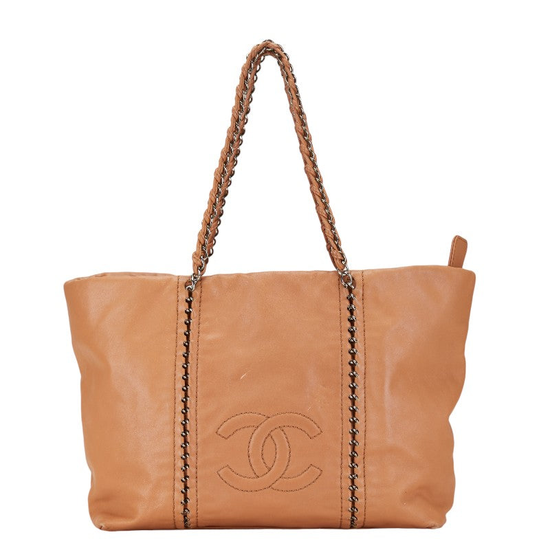 Chanel Leather Coco Mark Tote Bag Beige Brown in Very Good Condition