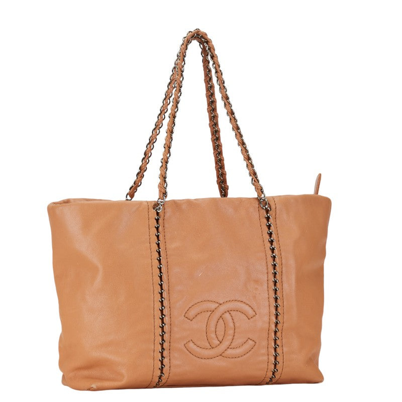 Chanel Leather Coco Mark Tote Bag Beige Brown in Very Good Condition