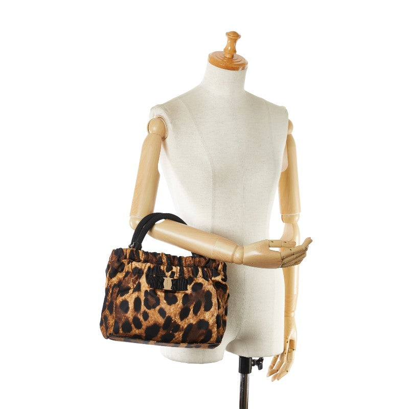 Salvatore Ferragamo Nylon Vara Ribbon Leopard Handbag in Very Good Condition