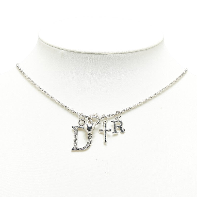 Dior Logo Necklace Silver Metal Rhinestones in Very Good Condition