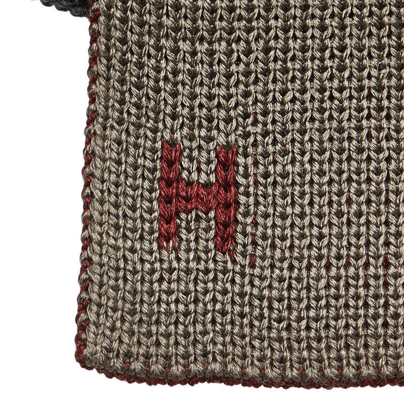 Hermes Reversible Logo Knit Tie Khaki Wine Red in Great Condition