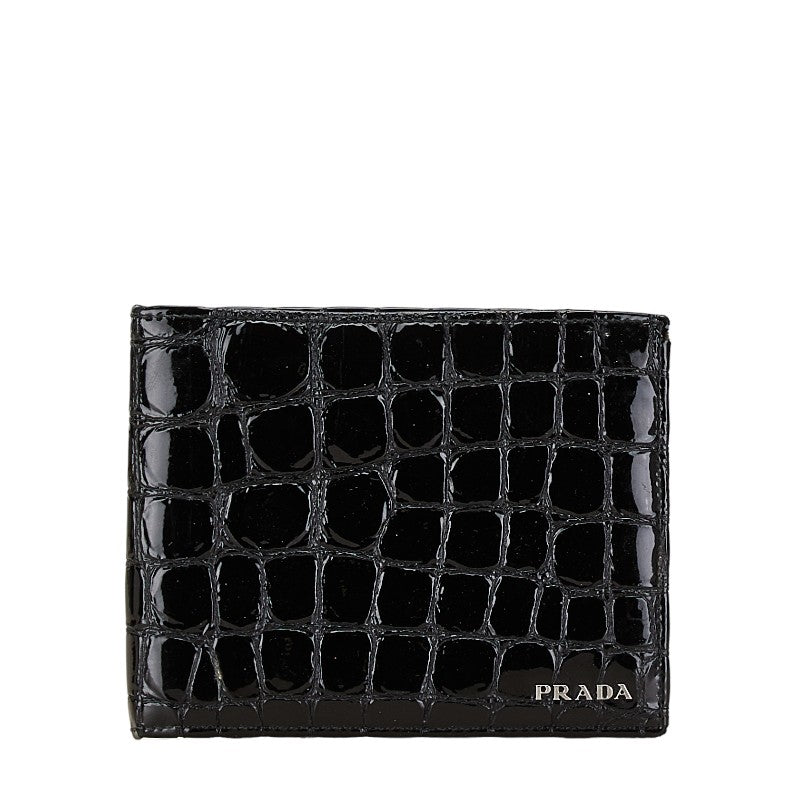 Prada Croc Embossed Patent Leather Bifold Wallet Black in Very Good Condition