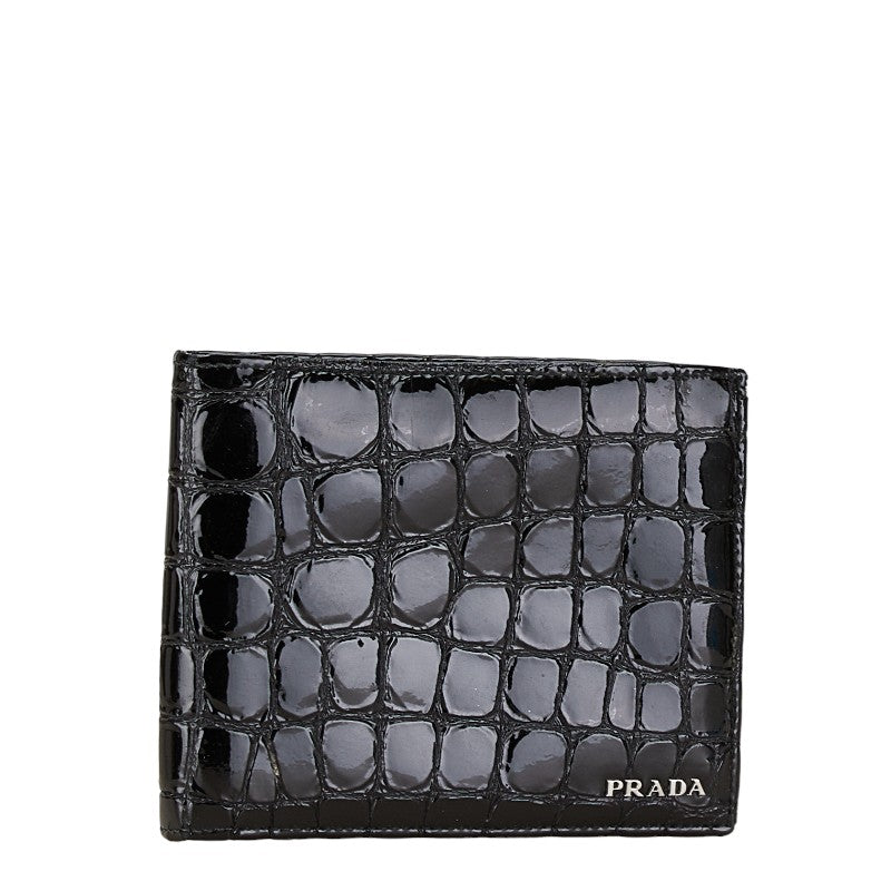 Prada Croc Embossed Patent Leather Bifold Wallet Black in Very Good Condition