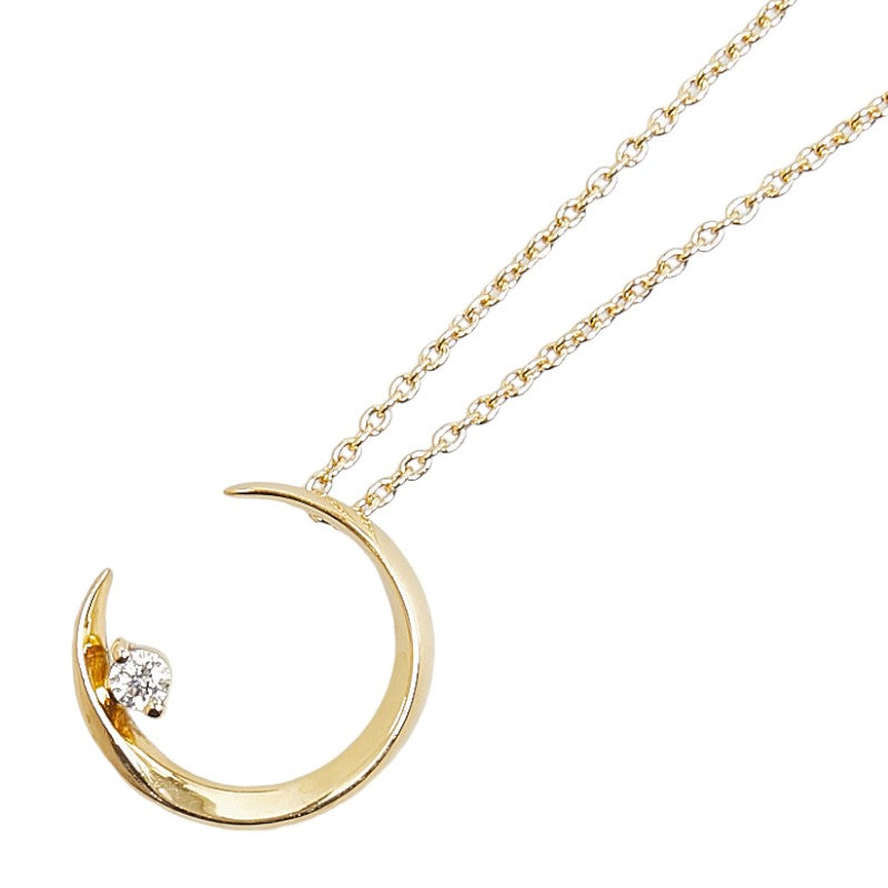 K18YG Yellow Gold Diamond Crescent Moon Necklace in Great Condition