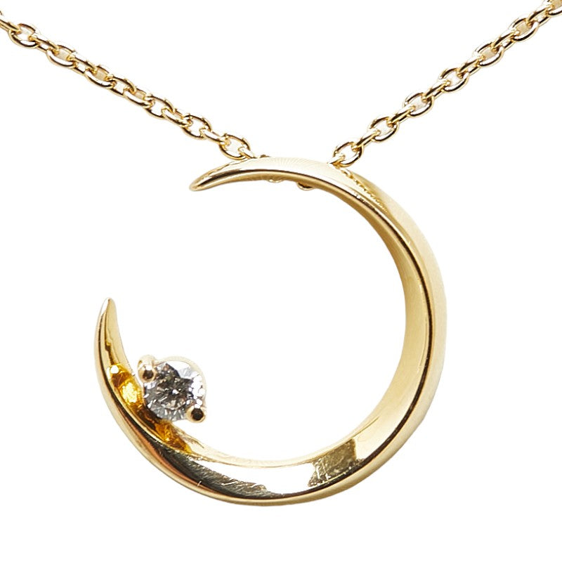 K18YG Yellow Gold Diamond Crescent Moon Necklace in Great Condition