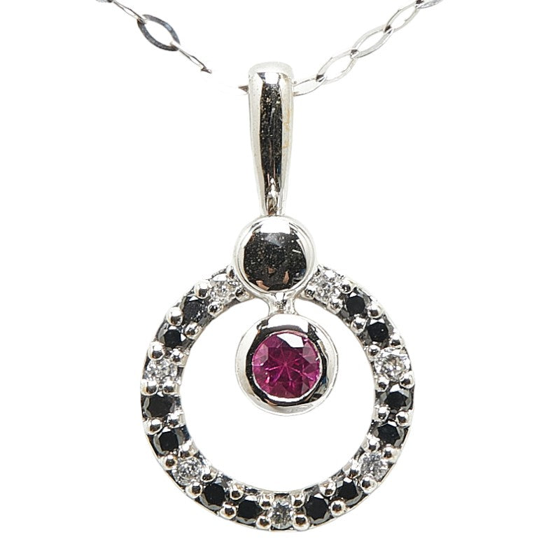 K18WG White Gold Ruby Diamond 0.20ct Round Circle Motif Necklace in Great Condition