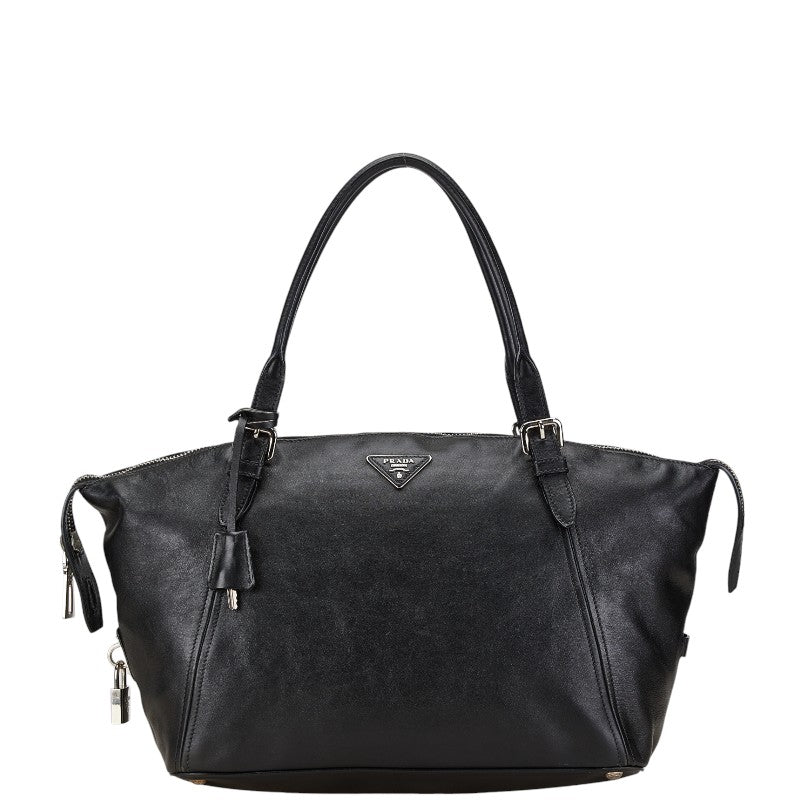 Prada Leather Triangle Logo Boston Handbag Black