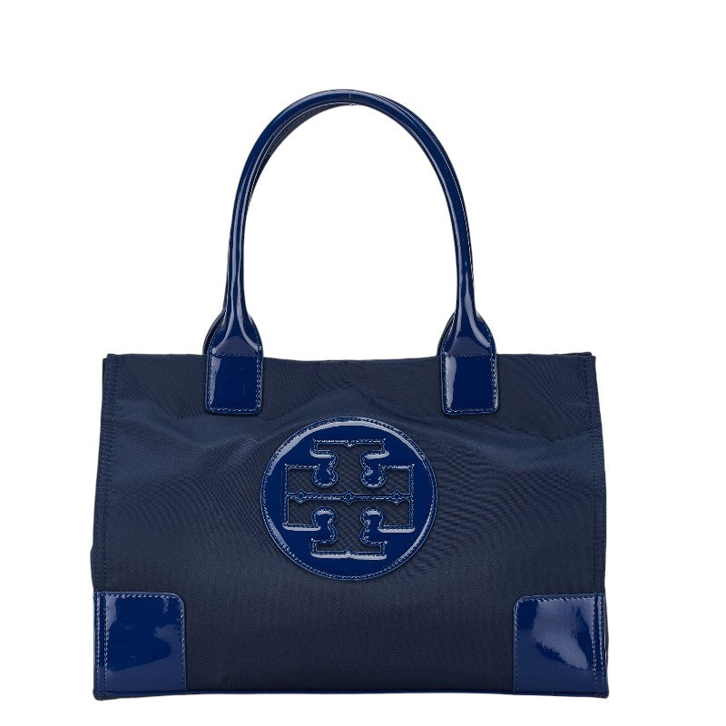 Tory Burch Ella Tote Handbag Navy Nylon Patent Leather in Very Good Condition