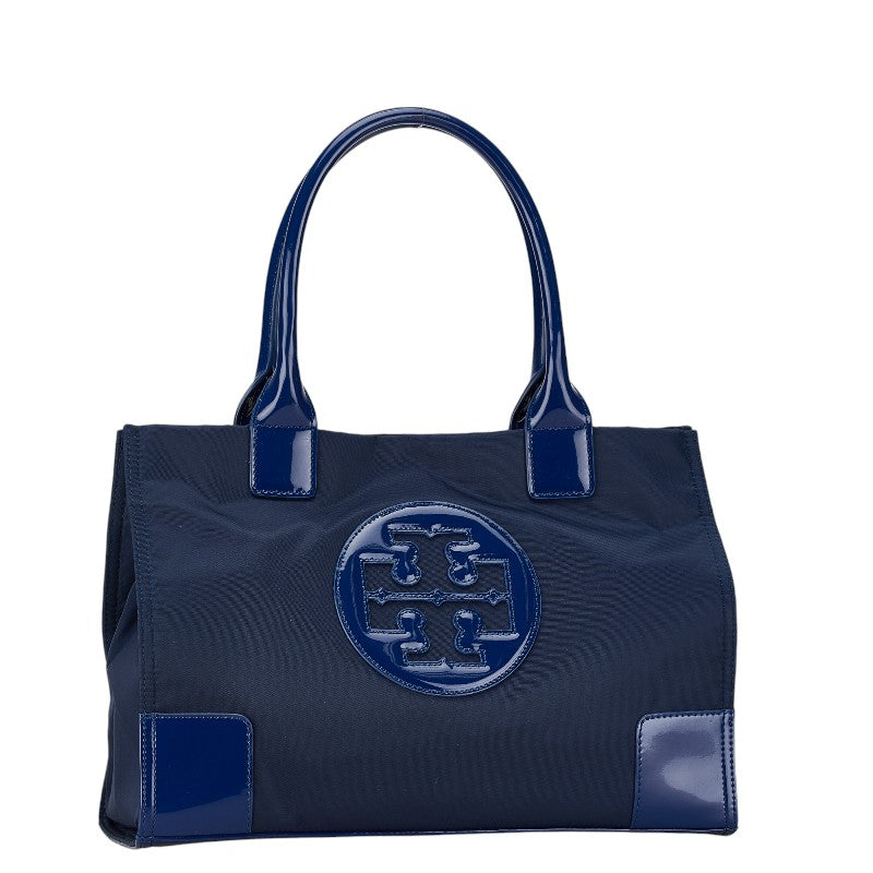 Tory Burch Ella Tote Handbag Navy Nylon Patent Leather in Very Good Condition