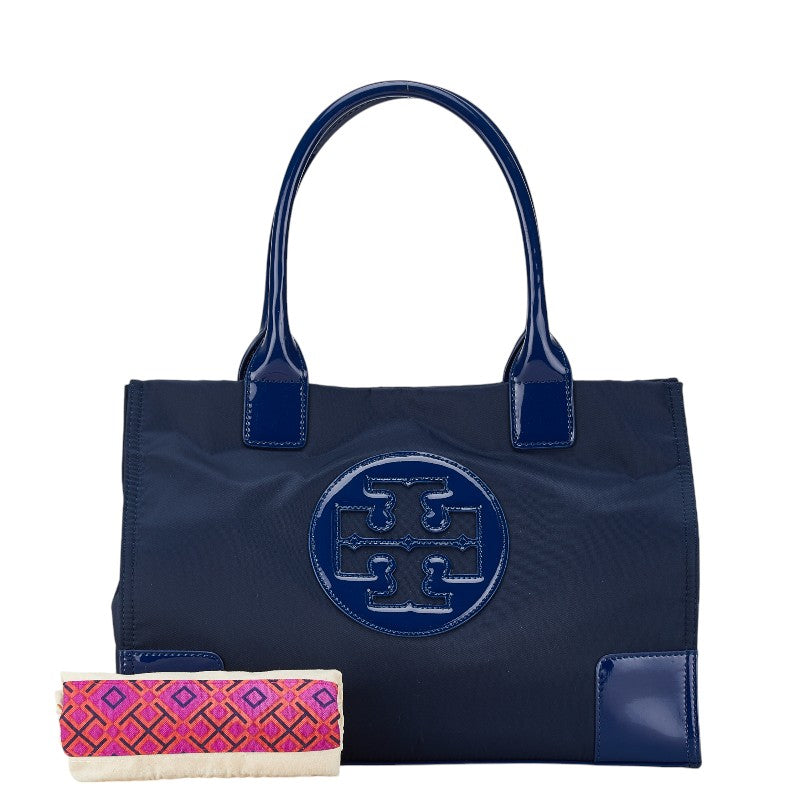 Tory Burch Ella Tote Handbag Navy Nylon Patent Leather in Very Good Condition