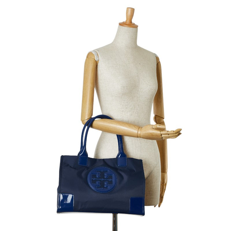 Tory Burch Ella Tote Handbag Navy Nylon Patent Leather in Very Good Condition