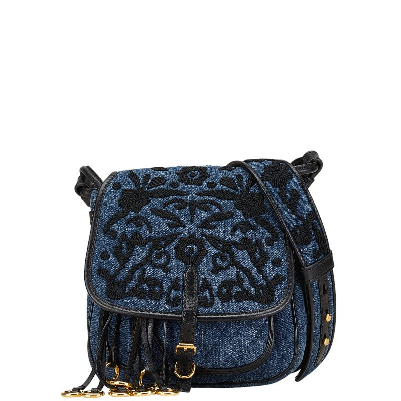 Prada Embroidered Denim Flower Shoulder Bag 1BH059 in Very Good Condition