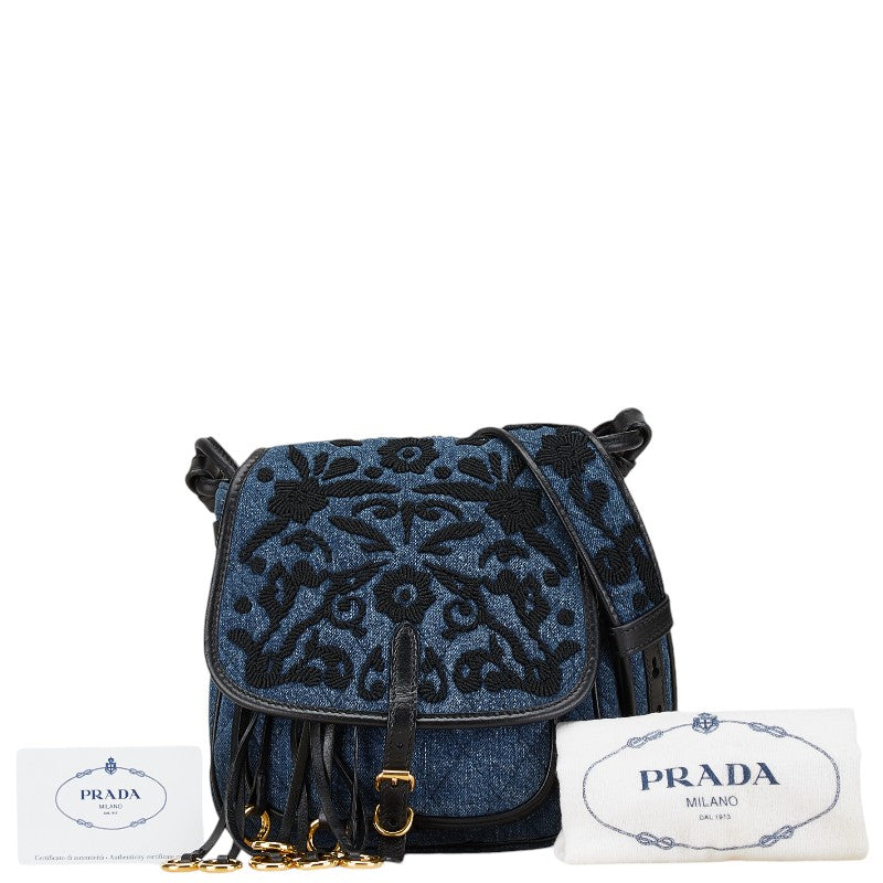 Prada Embroidered Denim Flower Shoulder Bag 1BH059 in Very Good Condition