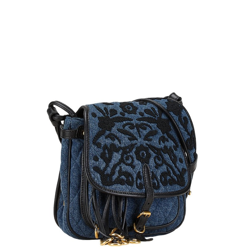 Prada Embroidered Denim Flower Shoulder Bag 1BH059 in Very Good Condition