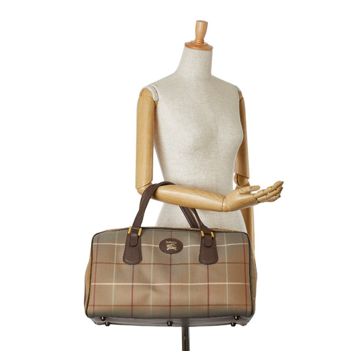 Burberry Canvas Leather Check Shadow Horse Boston Bag in Very Good Condition