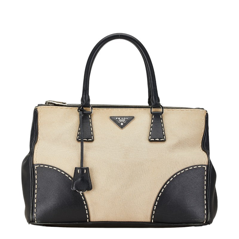 Prada Leather Canvas Triangle Logo Plate Tote Bag