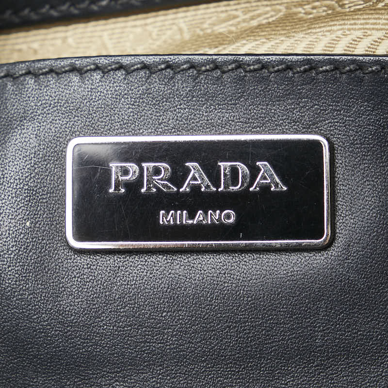 Prada Leather Canvas Triangle Logo Plate Tote Bag