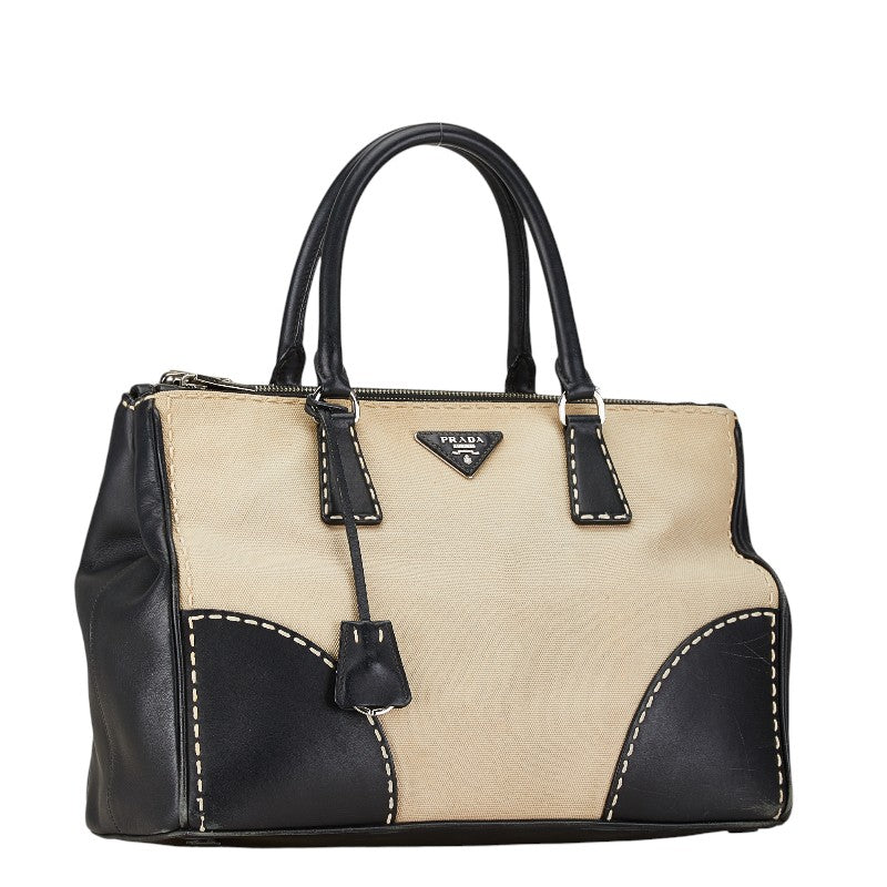 Prada Leather Canvas Logo Tote Handbag