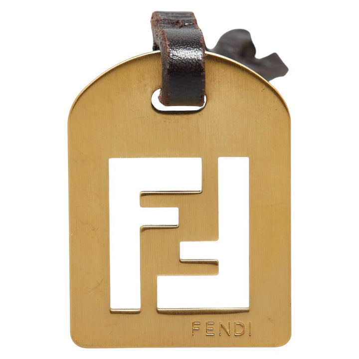 Fendi Logo Charm Bag Charm Gold Brown Leather in Very Good Condition