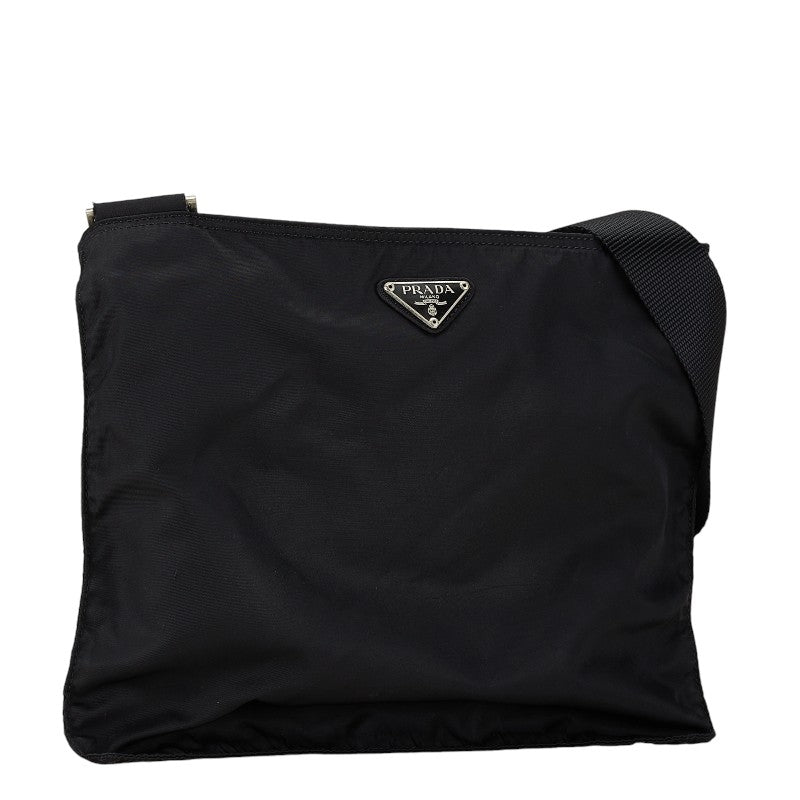 Prada Nylon Triangle Logo Plate Shoulder Bag Black