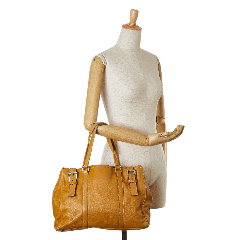 Prada Leather Logo Tote Handbag Beige