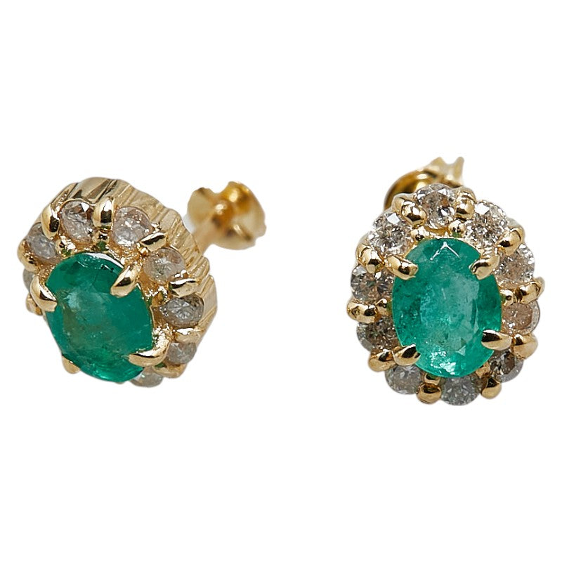 K18YG Yellow Gold Emerald Diamond Stud Earrings in Great Condition